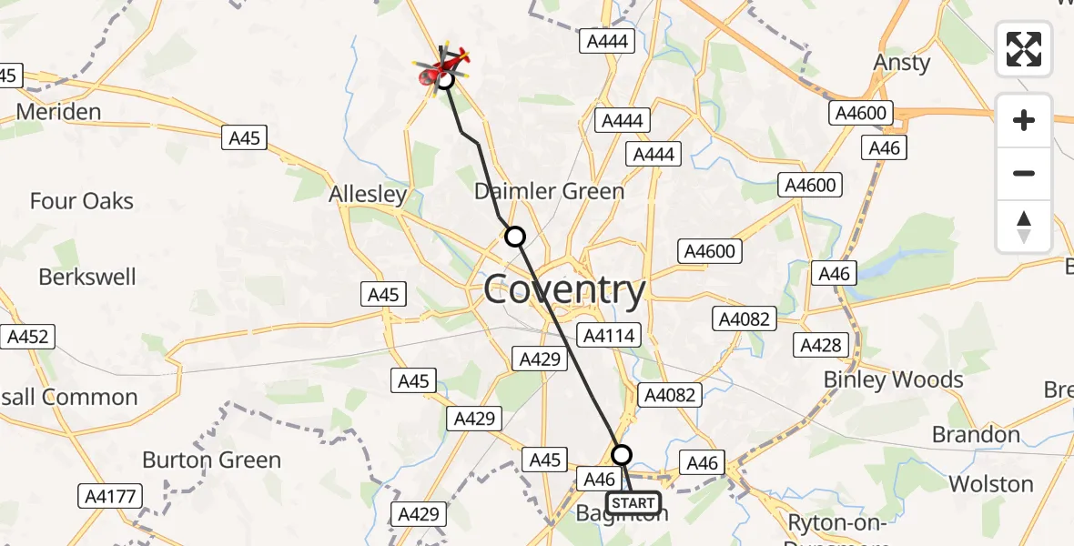 Flight path map showing Air Ambulance Helicopter route from Coventry Airport to Coventry