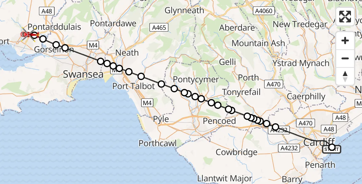 Flight path map showing Air Ambulance Helicopter route from Cardiff Heliport to Dafen