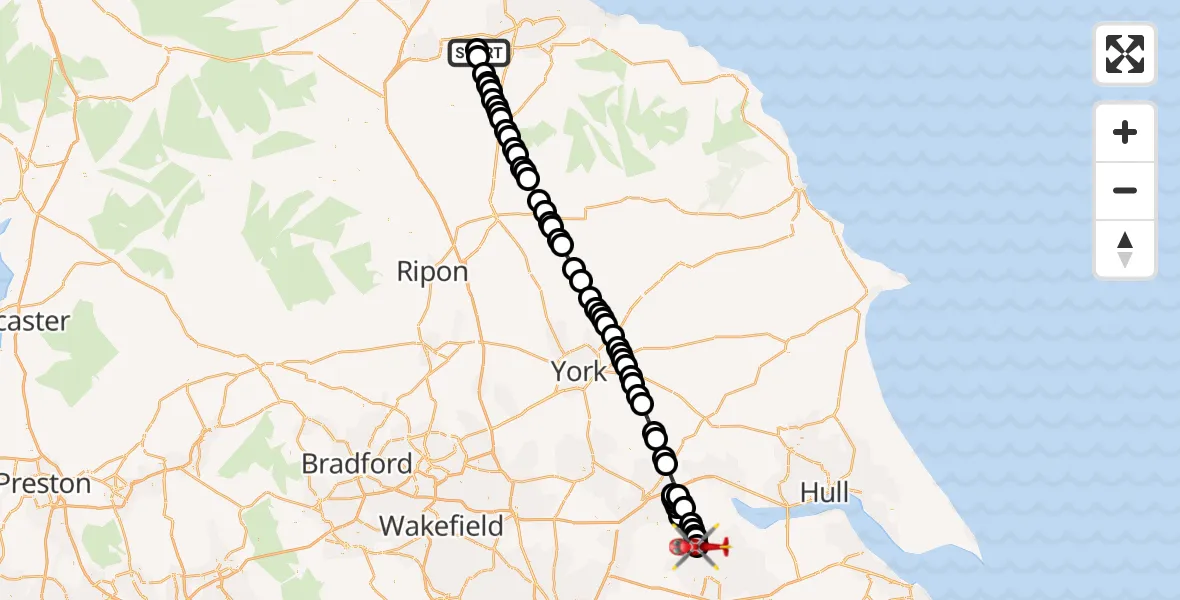 Flight path map showing Air Ambulance Helicopter route from Egglescliffe to Burton Stather