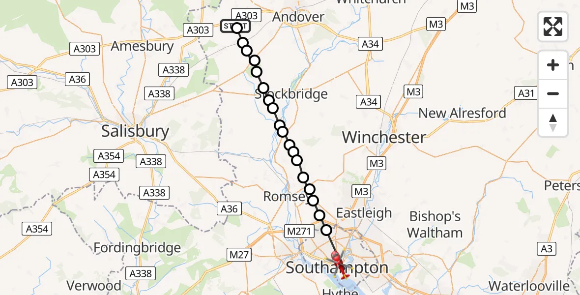 Flight path map showing Air Ambulance Helicopter route from Thruxton to Southampton