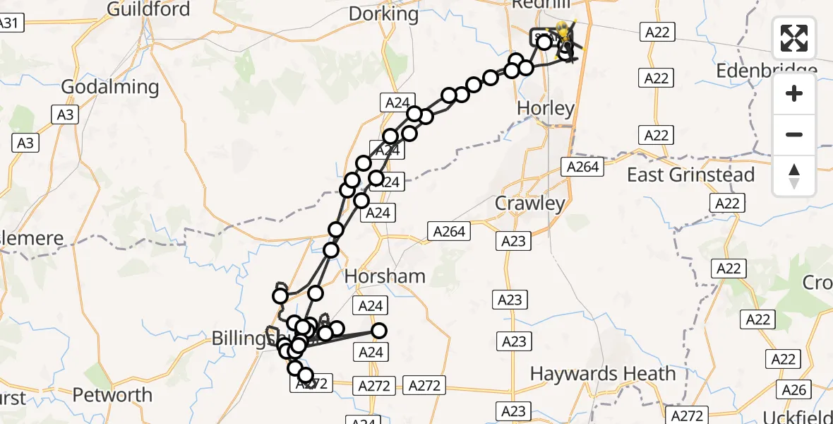 Flight path map showing Police Helicopter route from Redhill to Redhill Aerodrome