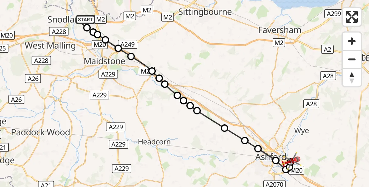 Flight path map showing Air Ambulance Helicopter route from Burham to Hinxhill