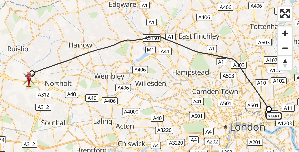 Flight path map showing Air Ambulance Helicopter route from Royal London Hospital to RAF Northolt