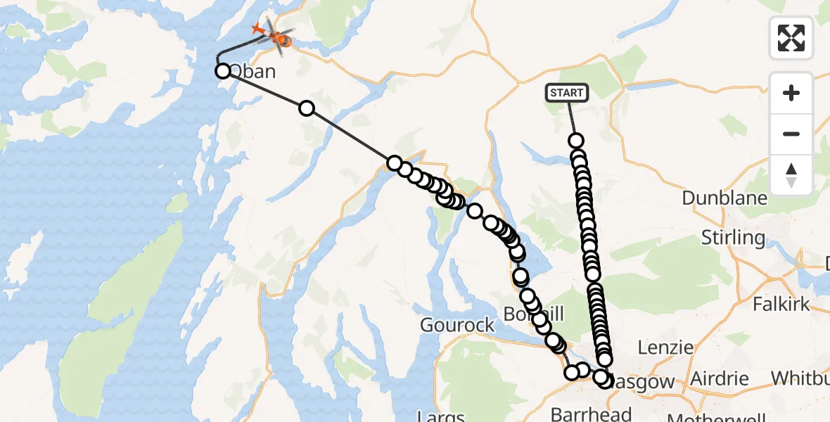 Flight path map showing Coastguard Helicopter route from Stirling to Benderloch