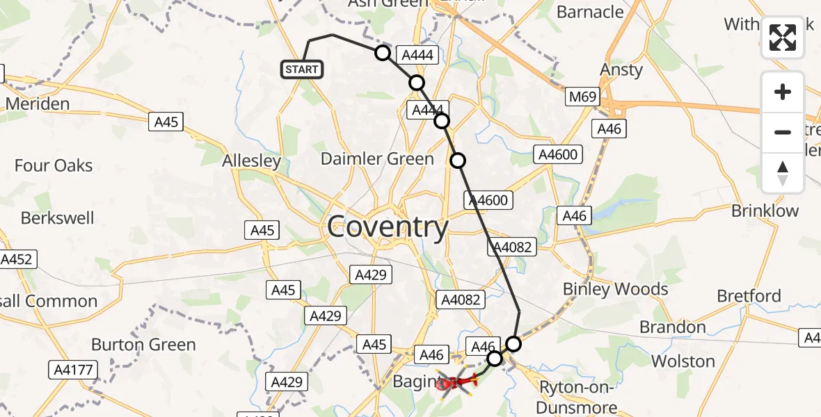 Flight path map showing Air Ambulance Helicopter route from Coventry to Coventry Airport
