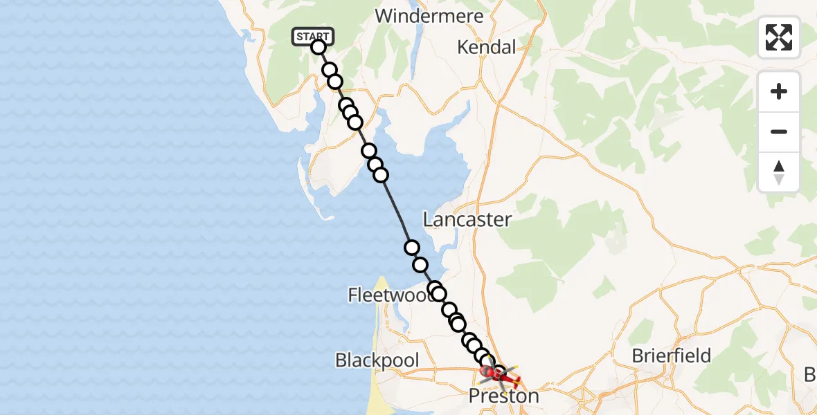 Flight path map showing Air Ambulance Helicopter route from Ulpha to Preston