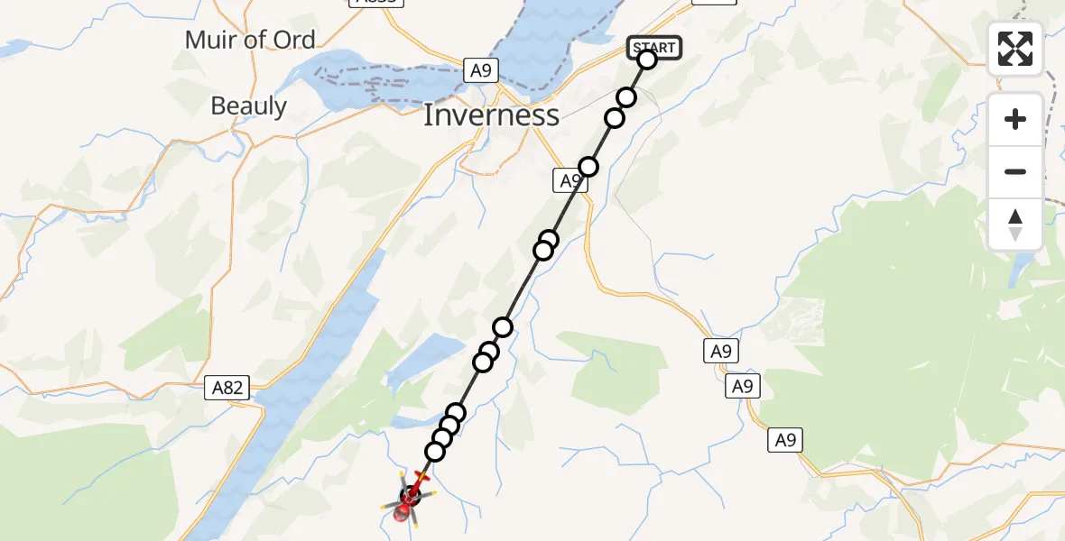 Flight path map showing Air Ambulance Helicopter route from Tornagrain to Highland