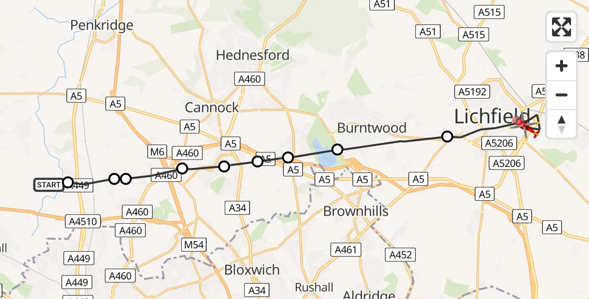Routekaart van de vlucht: Air Ambulance Helicopter to Lichfield, Warren Close