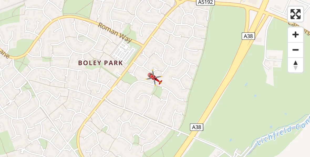 Flight path map showing Air Ambulance Helicopter route from Lichfield to Lichfield