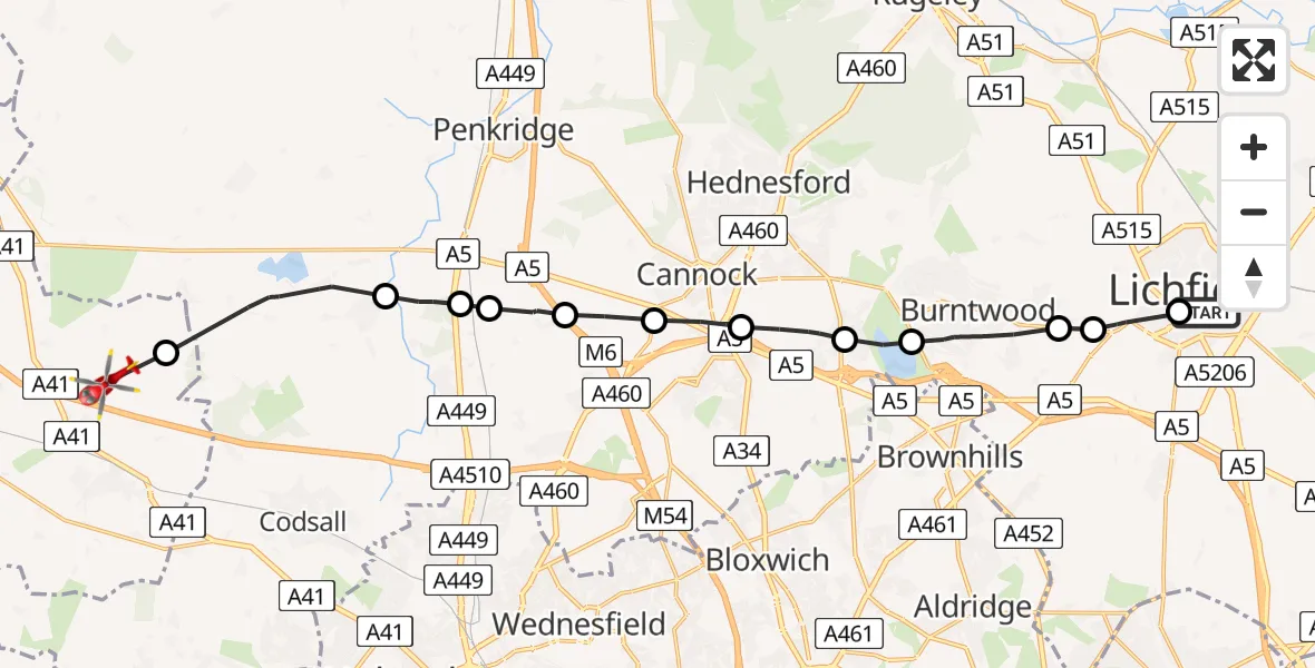 Flight path map showing Air Ambulance Helicopter route from Lichfield to Tong