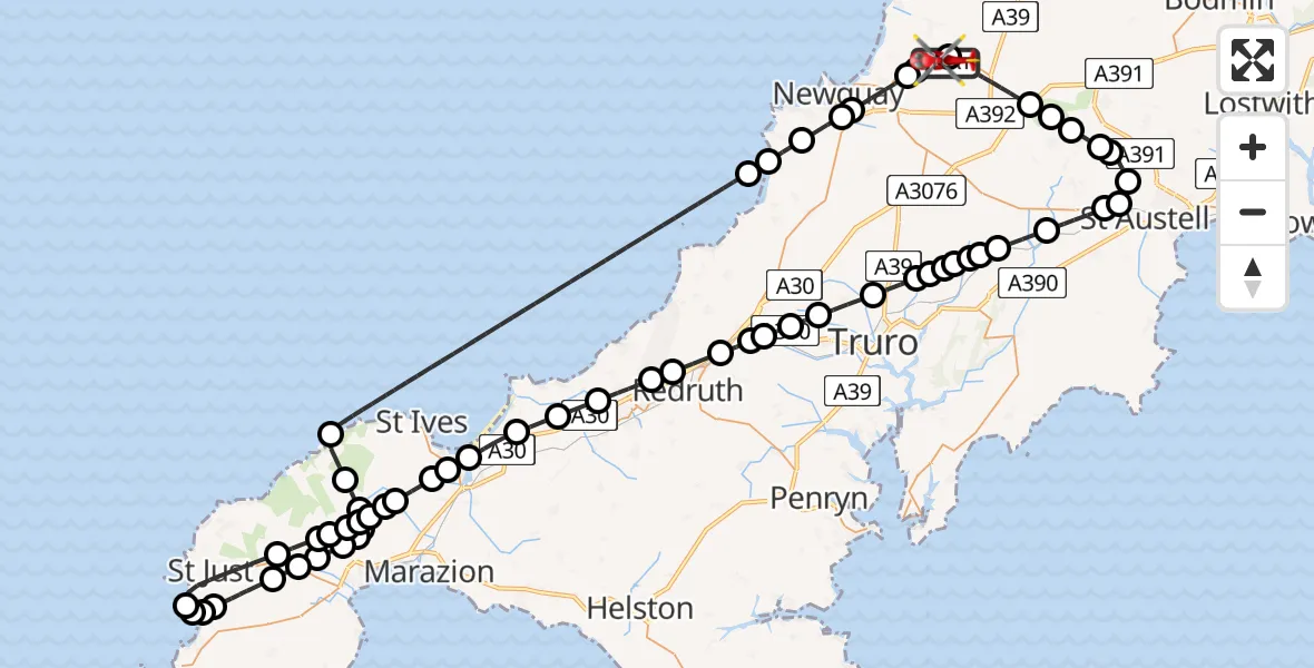 Flight path map showing Air Ambulance Helicopter route from Cornwall Airport Newquay to Cornwall Airport Newquay