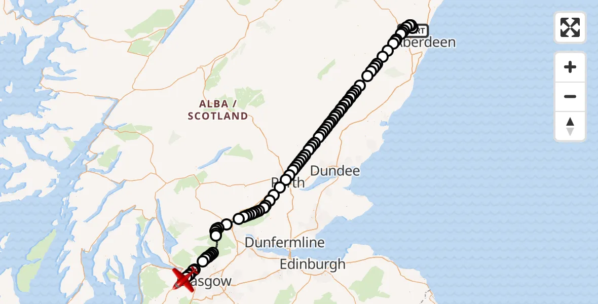 Flight path map showing Air Ambulance Aircraft route from Aberdeen International Airport to Glasgow Airport