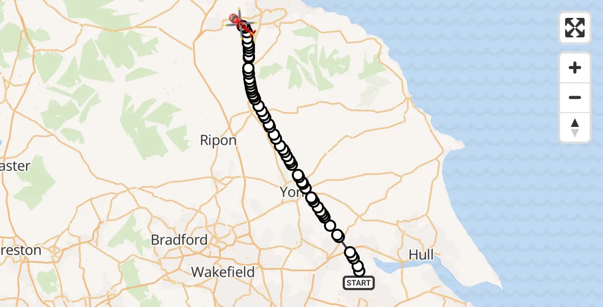 Flight path map showing Air Ambulance Helicopter route from Burton Stather to Longnewton