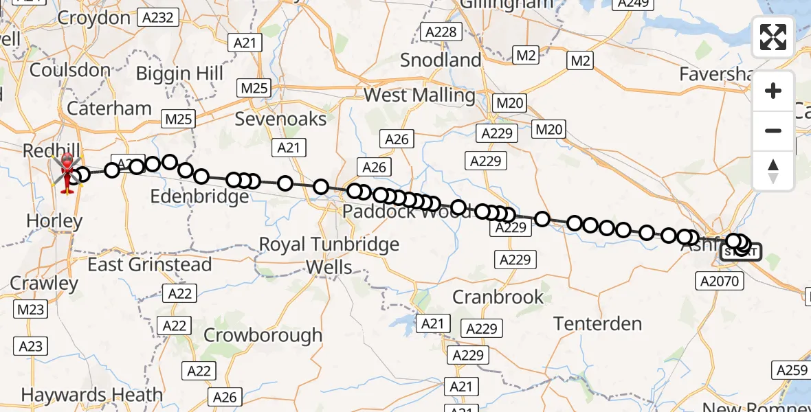 Flight path map showing Air Ambulance Helicopter route from Sevington to Redhill Aerodrome