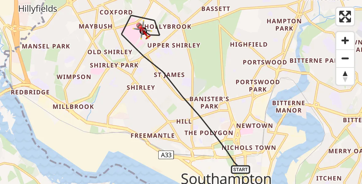 Flight path map showing Air Ambulance Helicopter route from Southampton to University Hospital Southampton