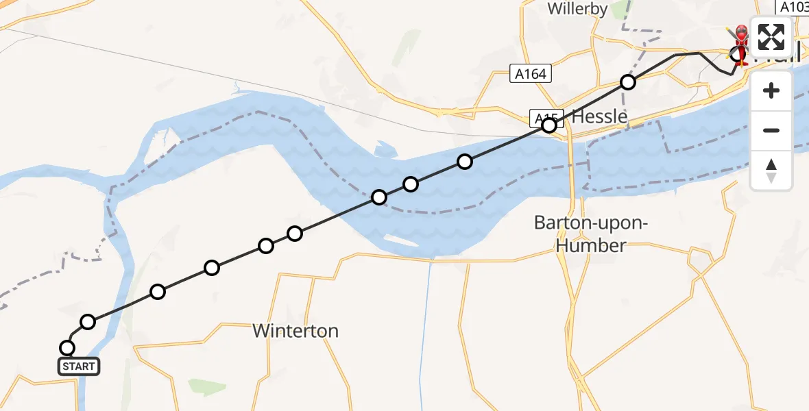 Flight path map showing Air Ambulance Helicopter route from Burton Stather to Hull Royal Infirmary