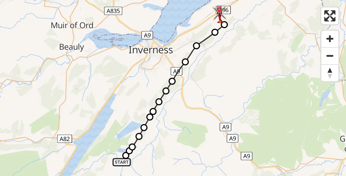 Flight path map showing Air Ambulance Helicopter route from Highland to Croy