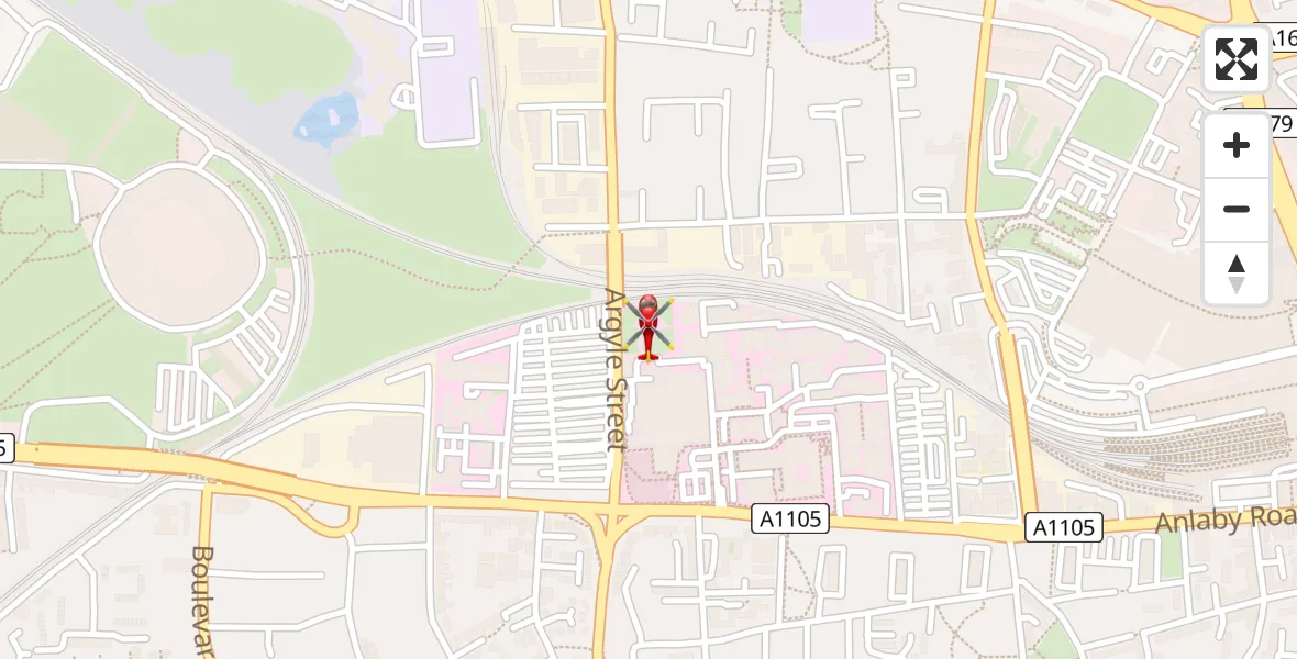 Flight path map showing Air Ambulance Helicopter route from Hull Royal Infirmary to Hull Royal Infirmary