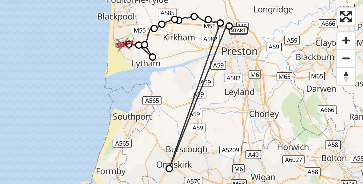 Flight path map showing Air Ambulance Helicopter route from Preston to Blackpool Airport