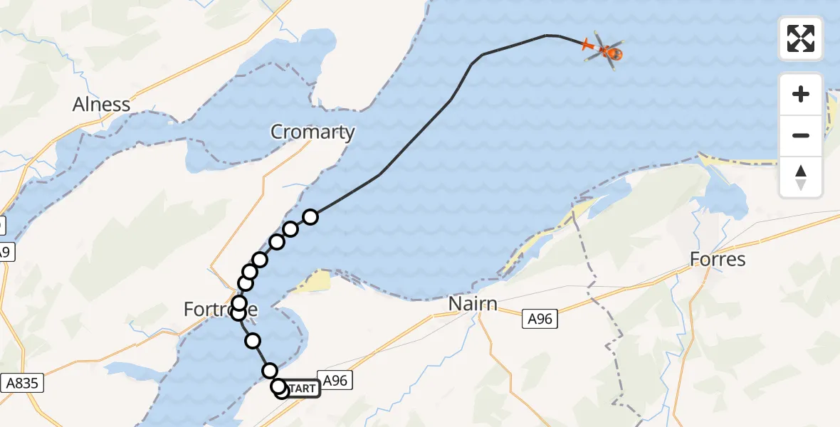 Flight path map showing Coastguard Helicopter route from Inverness Airport to North Sea