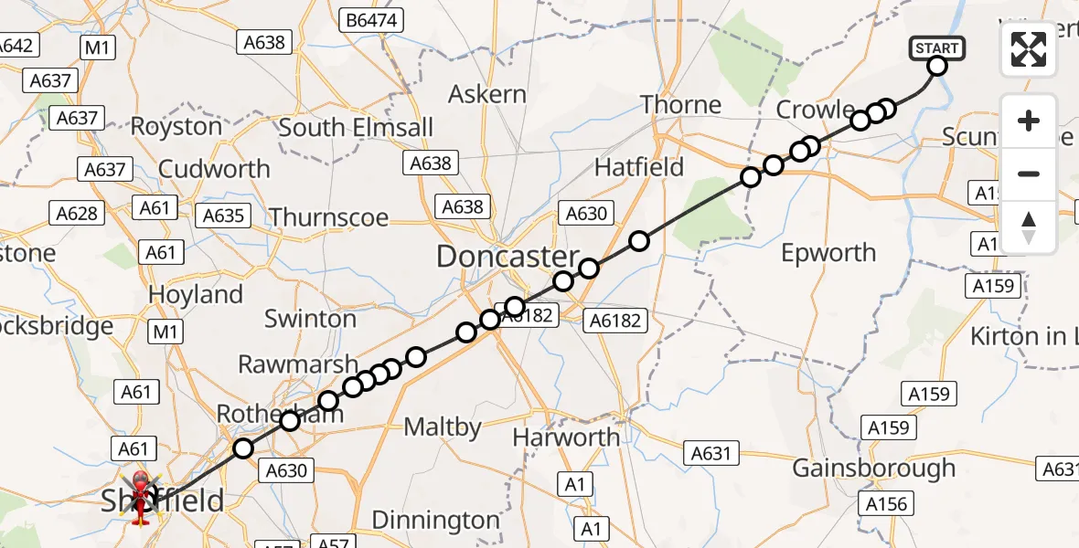 Flight path map showing Air Ambulance Helicopter route from Burton Stather to Sheffield Childrens Hospital