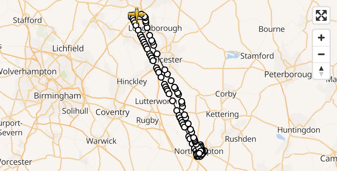 Flight path map showing Police Aircraft route from East Midlands Airport to East Midlands Airport