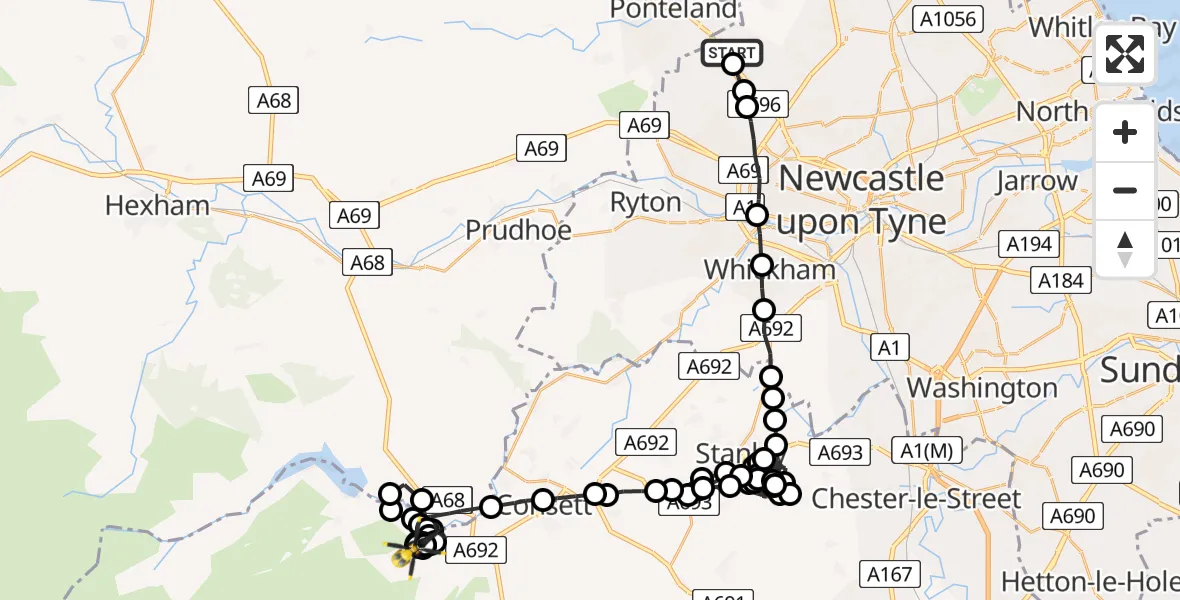 Flight path map showing Police Helicopter route from Newcastle International Airport to County Durham