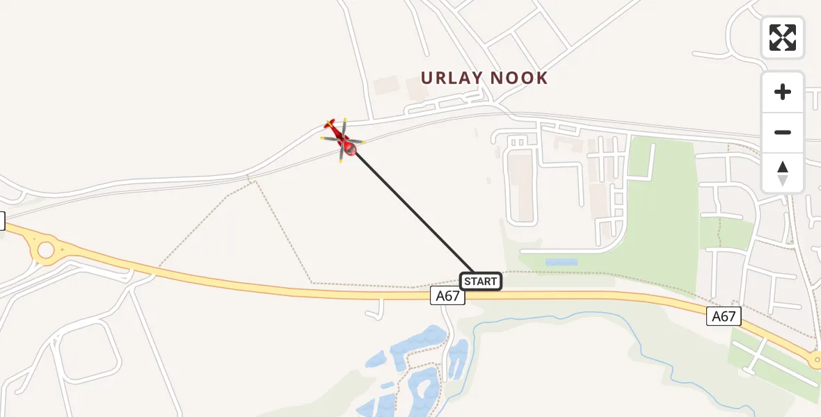 Flight path map showing Air Ambulance Helicopter route from Egglescliffe to Longnewton