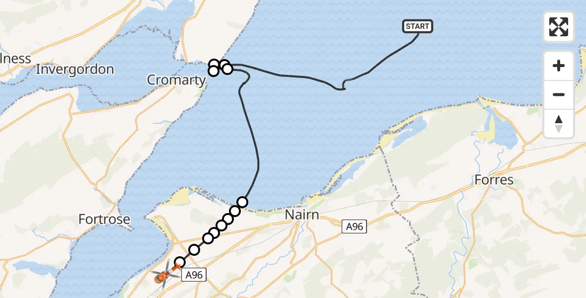Flight path map showing Coastguard Helicopter route from North Sea to Inverness Airport