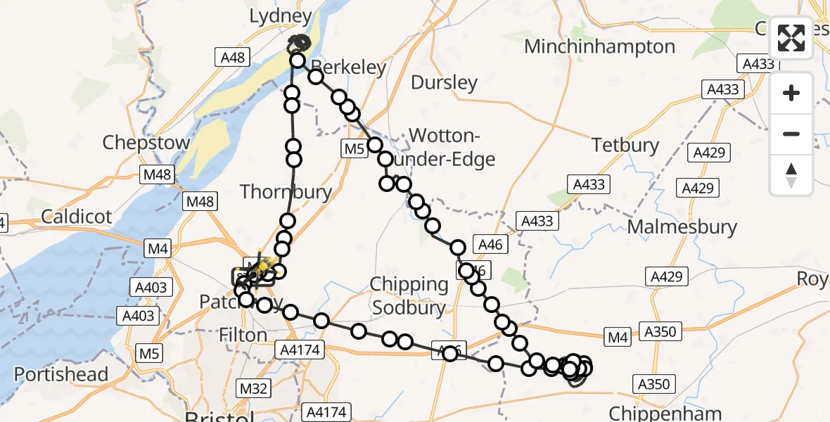 Flight path map showing Police Helicopter route from Almondsbury Helicopter Base to Almondsbury Helicopter Base