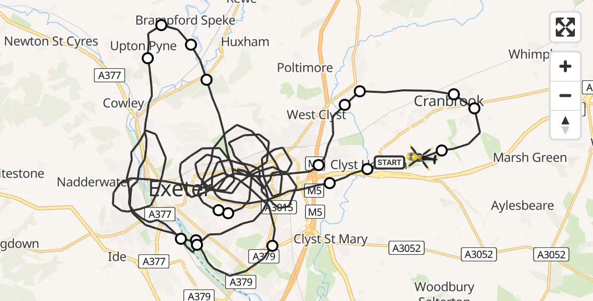 Flight path map showing Police Helicopter route from Exeter International Airport to Exeter International Airport