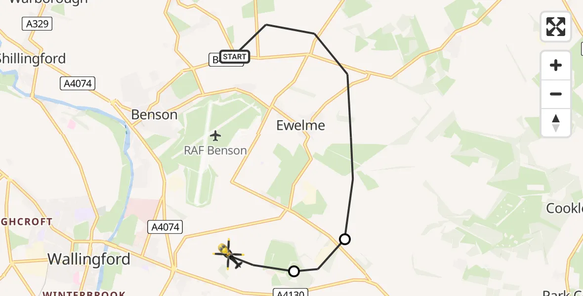 Flight path map showing Police Helicopter route from Ewelme to Crowmarsh Gifford