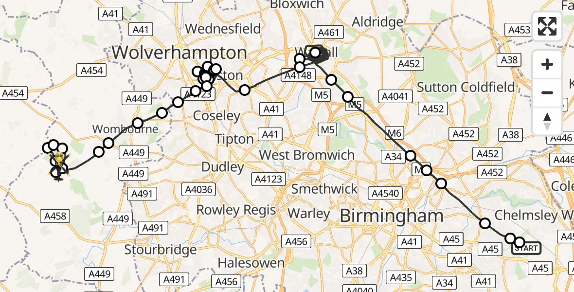 Flight path map showing Police Helicopter route from Birmingham Airport to Enville