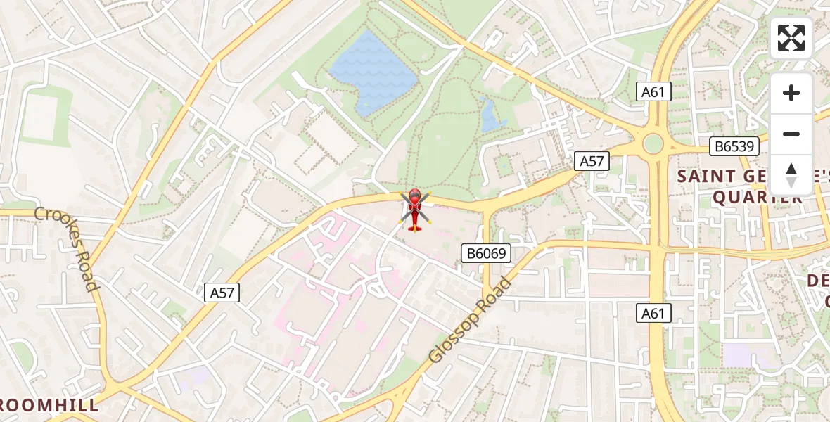 Flight path map showing Air Ambulance Helicopter route from Sheffield Childrens Hospital to Sheffield Childrens Hospital