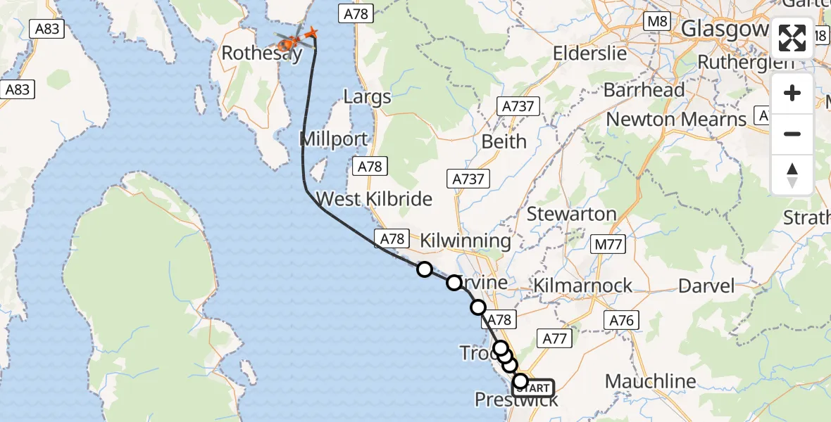 Flight path map showing Coastguard Helicopter route from Glasgow Prestwick Airport to Inner Seas