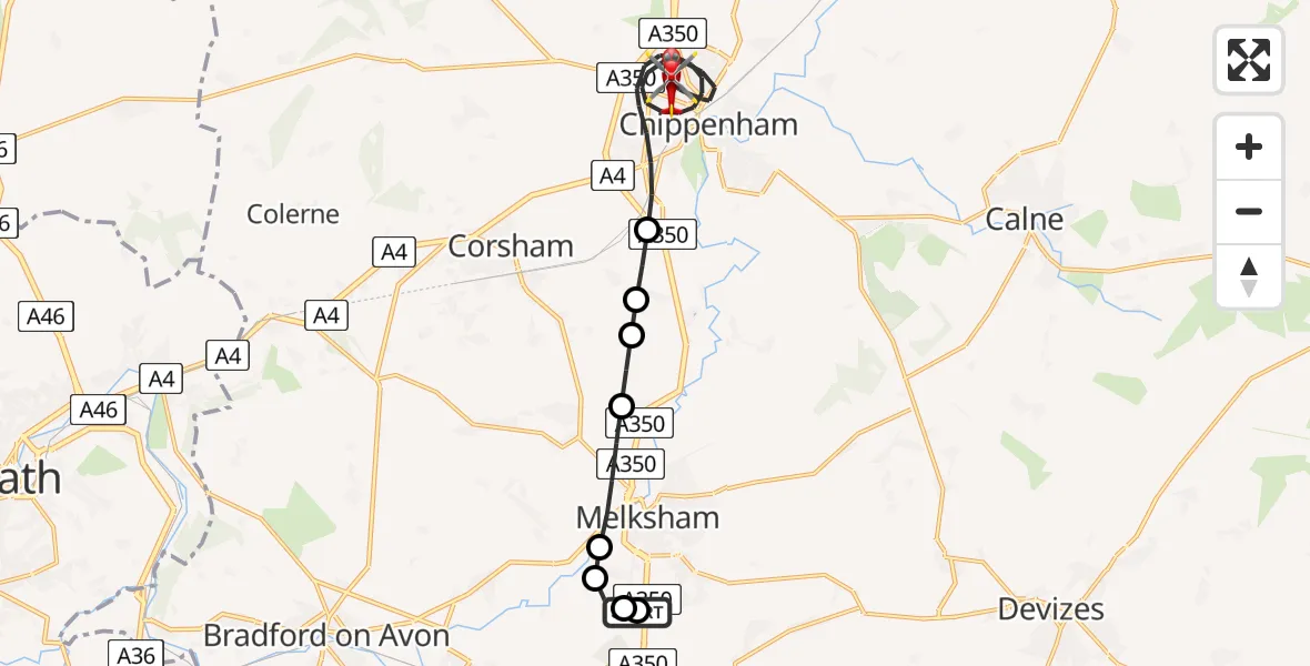 Flight path map showing Air Ambulance Helicopter route from Wiltshire Air Ambulance to Chippenham