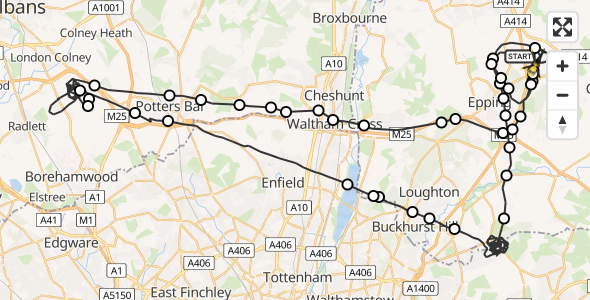 Flight path map showing Police Helicopter route from North Weald Bassett to North Weald Airfield