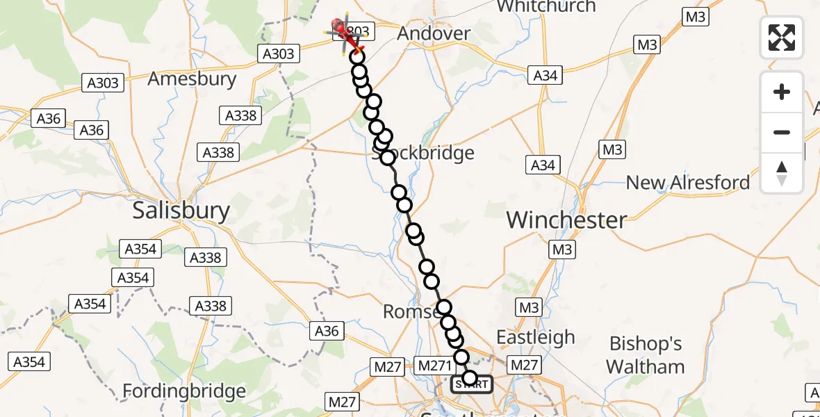 Flight path map showing Air Ambulance Helicopter route from University Hospital Southampton to Thruxton