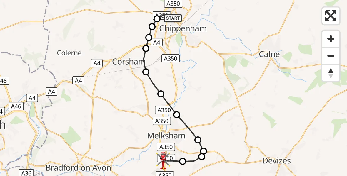 Flight path map showing Air Ambulance Helicopter route from Chippenham to Wiltshire Air Ambulance