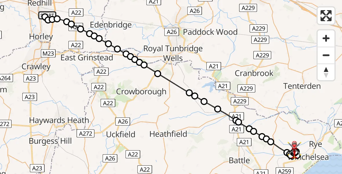 Flight path map showing Air Ambulance Helicopter route from Redhill Aerodrome to Udimore