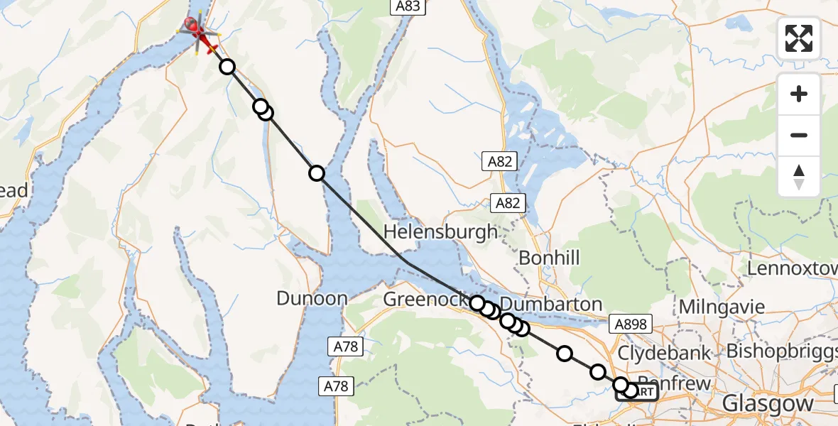 Flight path map showing Air Ambulance Helicopter route from Glasgow Airport to Strachur