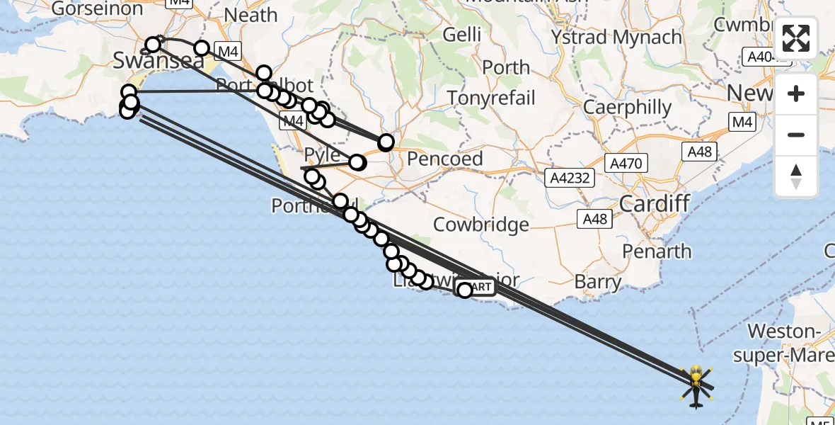 Flight path map showing Police Helicopter route from Boverton to Bristol Channel