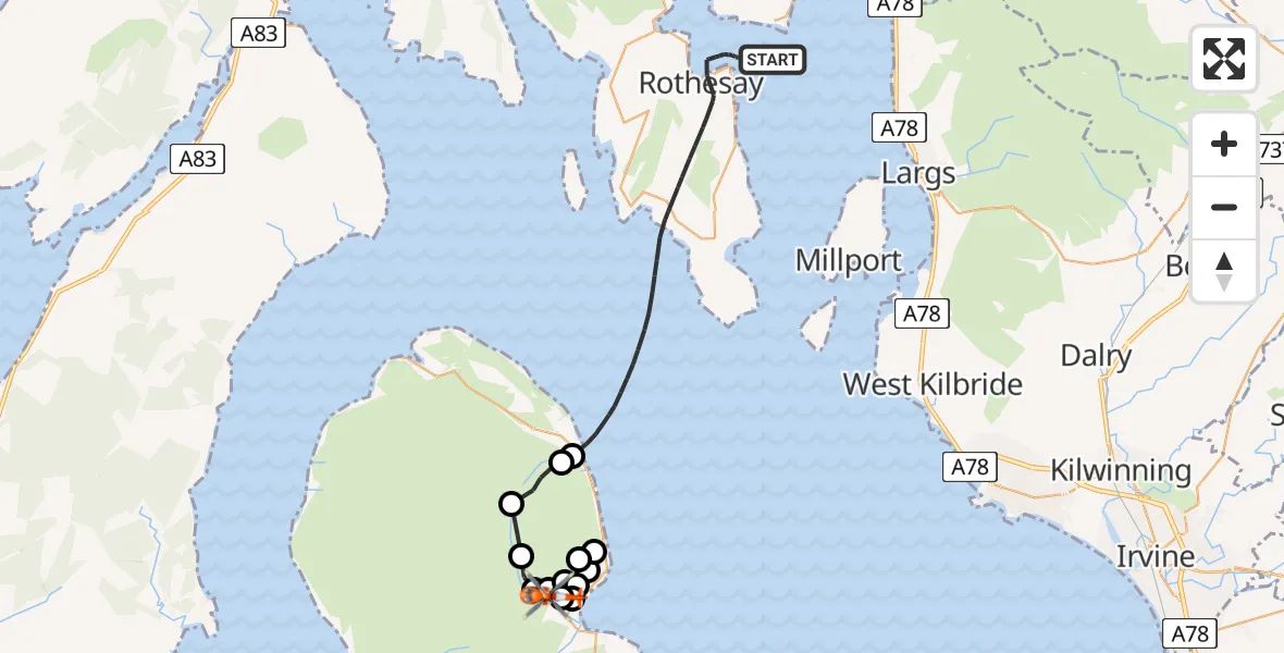 Flight path map showing Coastguard Helicopter route from Inner Seas to Brodick