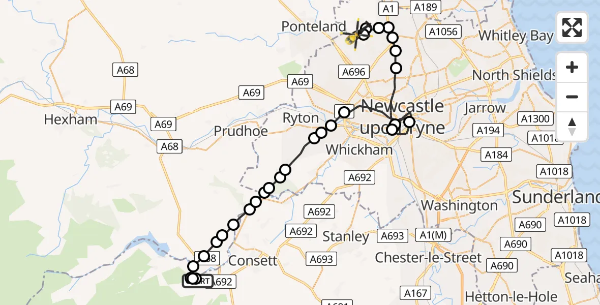 Flight path map showing Police Helicopter route from Consett to Dinnington