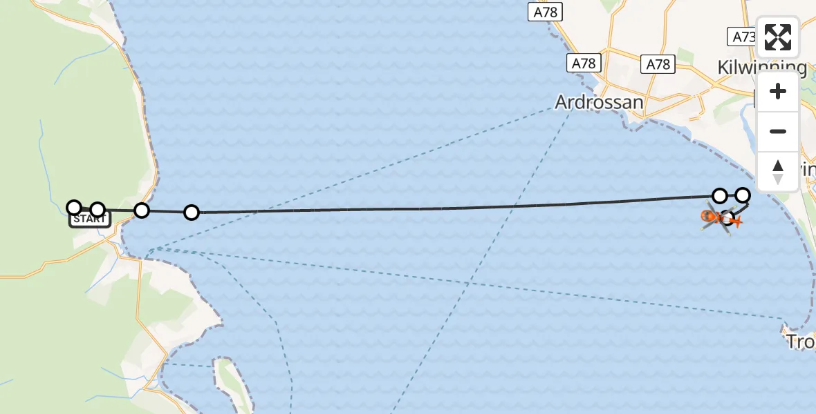 Flight path map showing Coastguard Helicopter route from Brodick to Inner Seas
