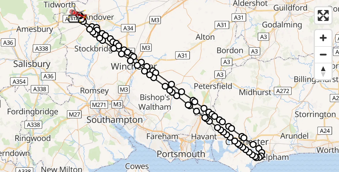 Flight path map showing Air Ambulance Helicopter route from Amport to Fyfield