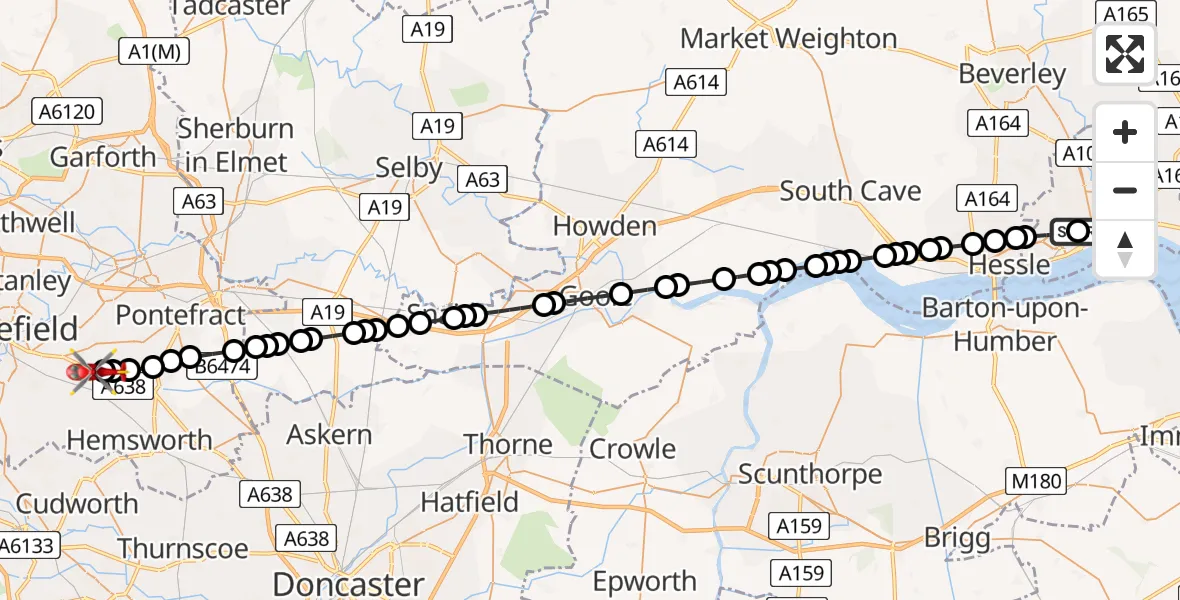Flight path map showing Air Ambulance Helicopter route from Hull Royal Infirmary to YAA Nostell Helicopter Port