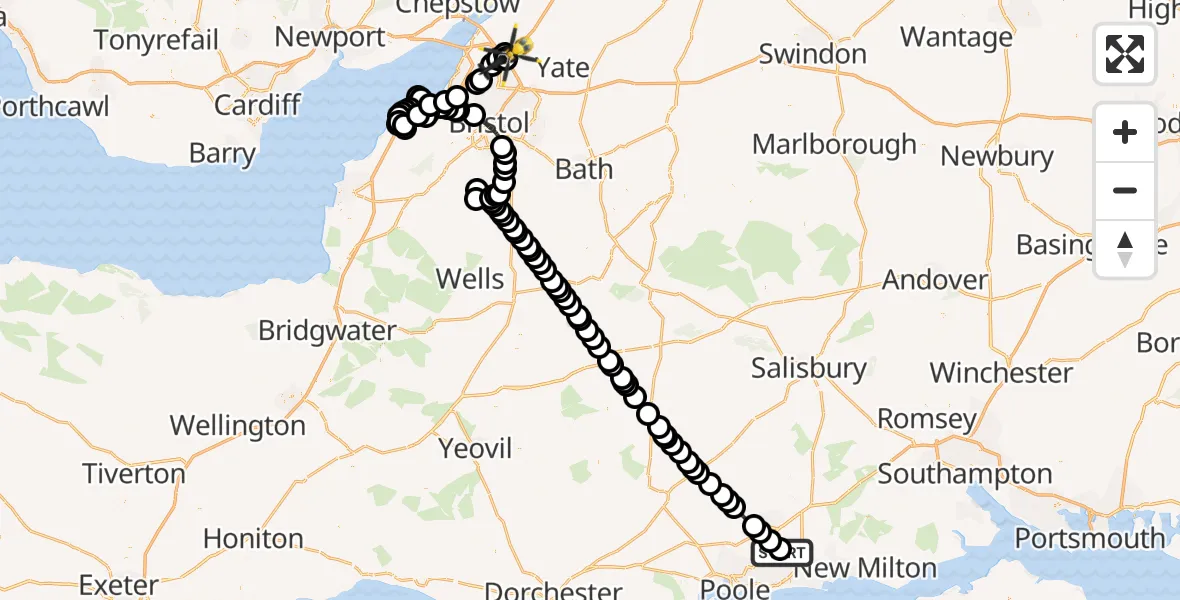 Flight path map showing Police Helicopter route from Parley Cross to Almondsbury Helicopter Base