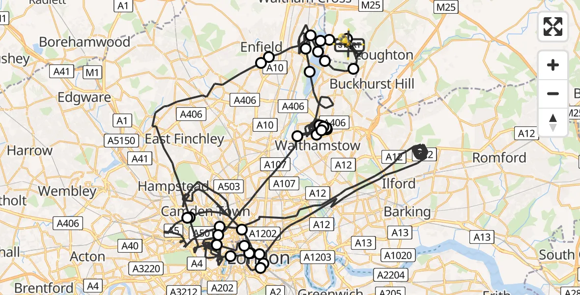 Flight path map showing Police Helicopter route from Metropolitan Police Air Support Unit Lippitts Hill to Metropolitan Police Air Support Unit Lippitts Hill