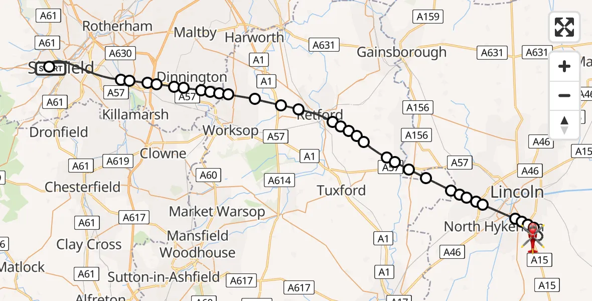 Routekaart van de vlucht: Air Ambulance Helicopter to North Kesteven, Sleaford Road